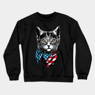 American Cat Wearing USA Flag Scarf Crewneck Sweatshirt